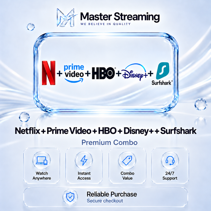 Netflix + Prime Video + HBO Max + Disney+ + Surfshark Combo