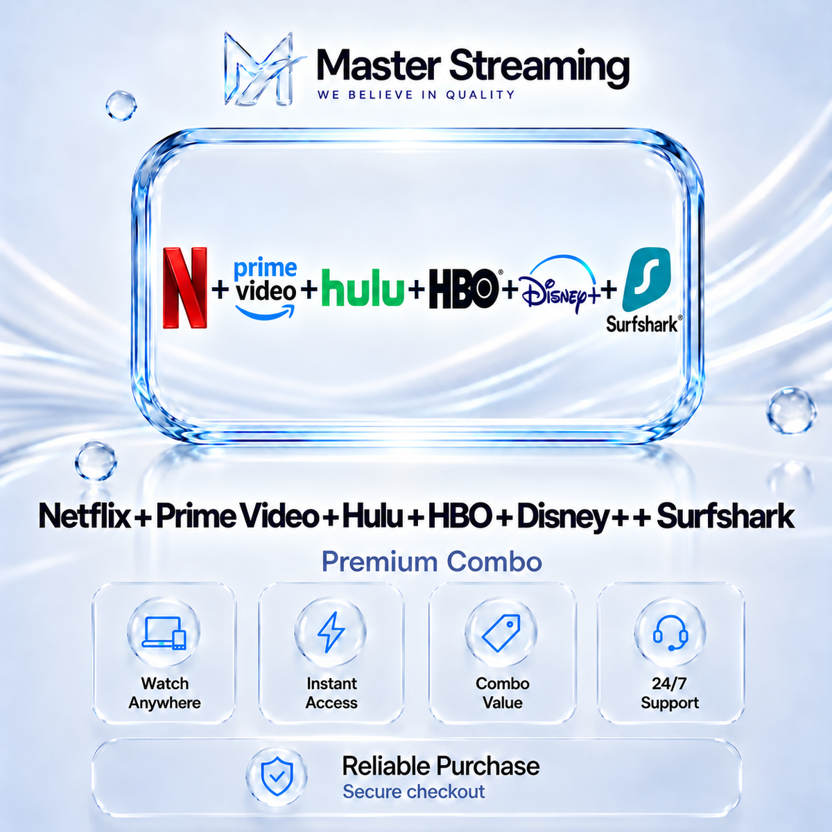 Netflix + Prime Video + Hulu + HBO Max + Disney+ + Surfshark Combo